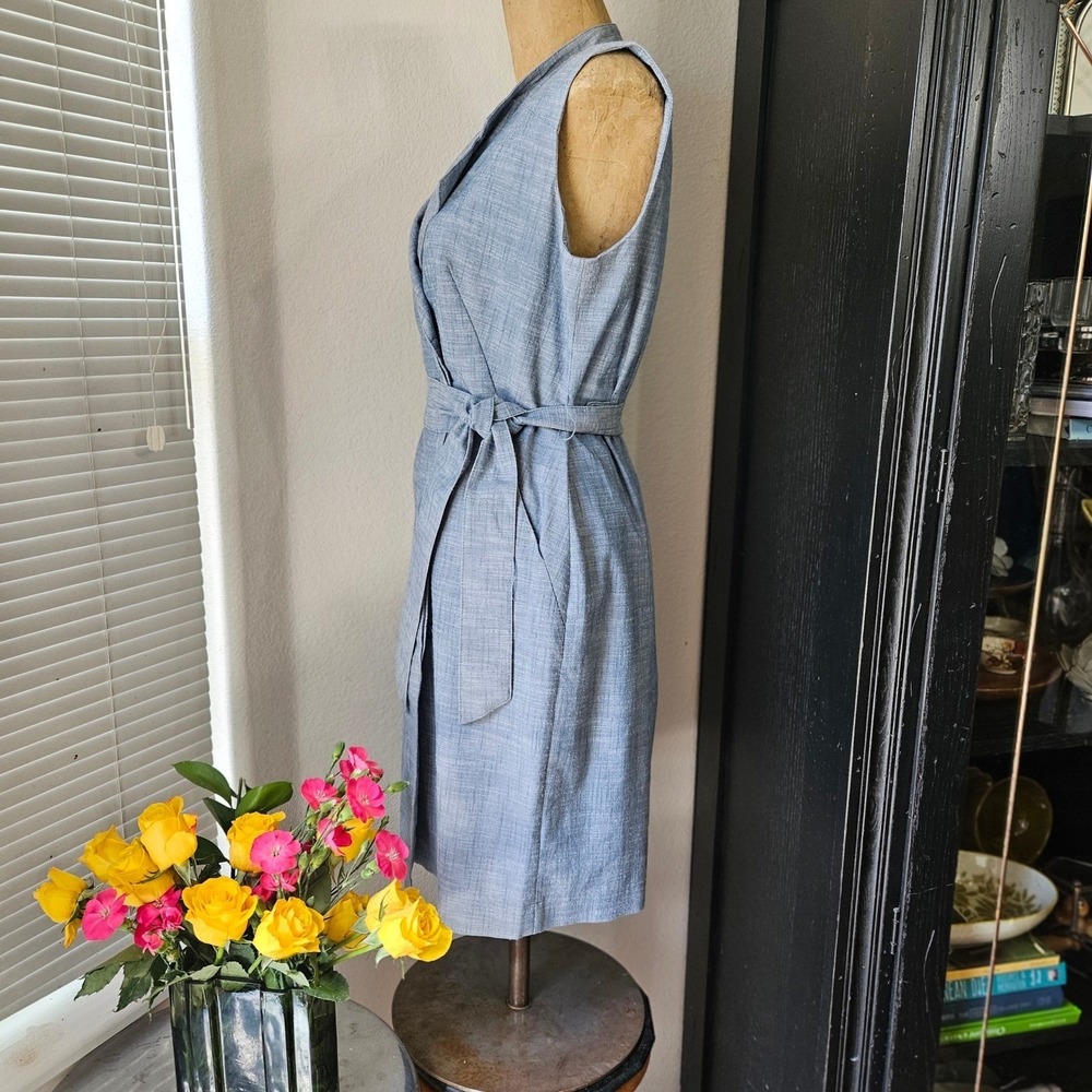 Sharagano Blue Sleeveless Wrap Dress Notch Lapel Tie Waist Women's 6 - Picture 3 of 9